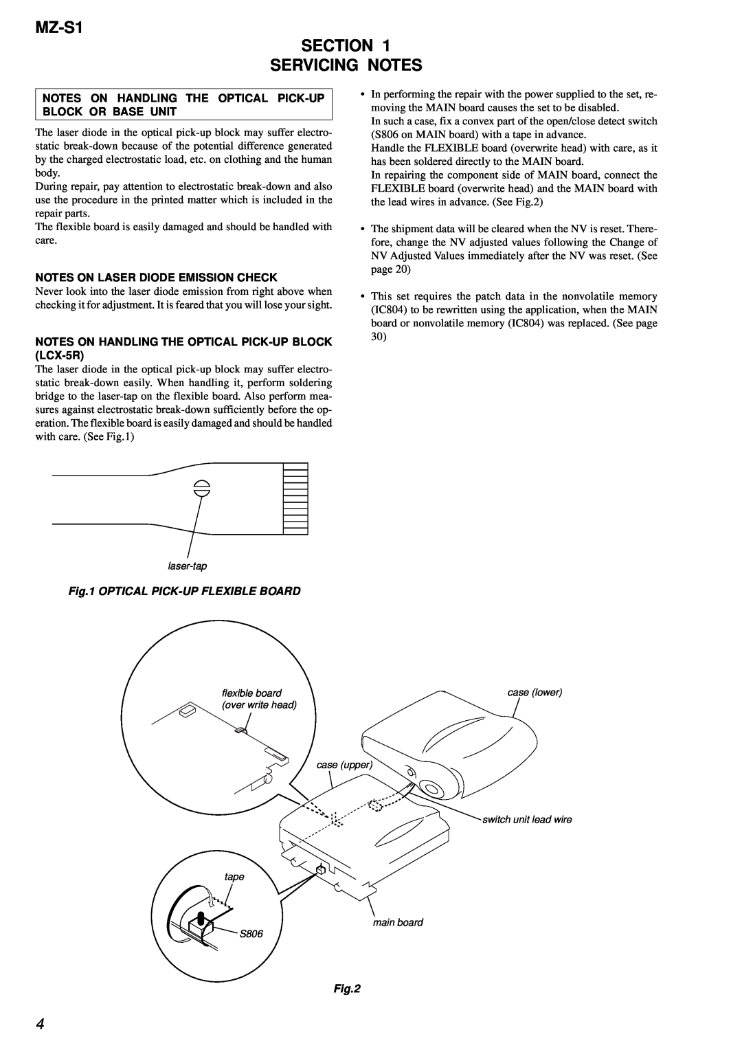 Sony service manual MZ-S1 SECTION SERVICING NOTES, Notes On Laser Diode Emission Check, Optical Pick-Upflexible Board 