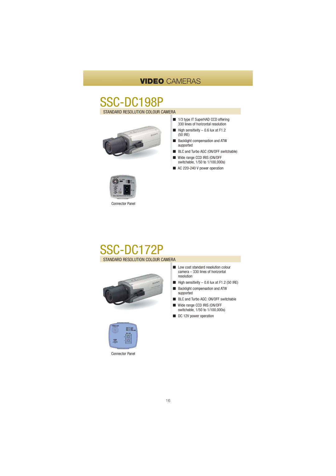 Sony Network Video Monitoring manual Standard Resolution Colour Camera, AC 220-240 V power operation Connector Panel 