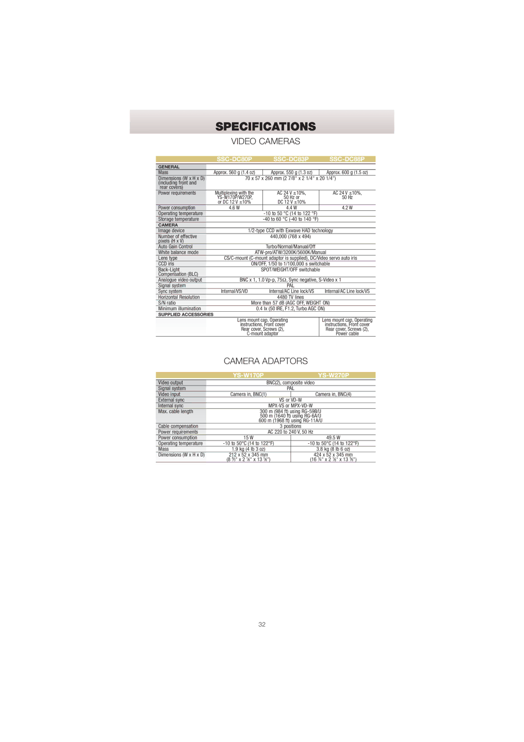 Sony Network Video Monitoring manual Video Cameras, Camera Adaptors, SSC-DC80P SSC-DC83P SSC-DC88P, Pal 