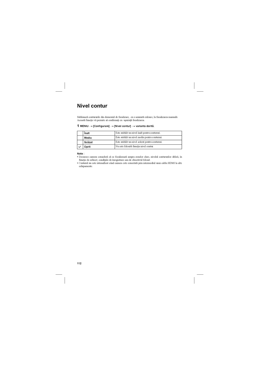 Sony NEX-3N manual Meniu T Conﬁgurare T Nivel contur T varianta dorită Înalt, Scăzut, 112 