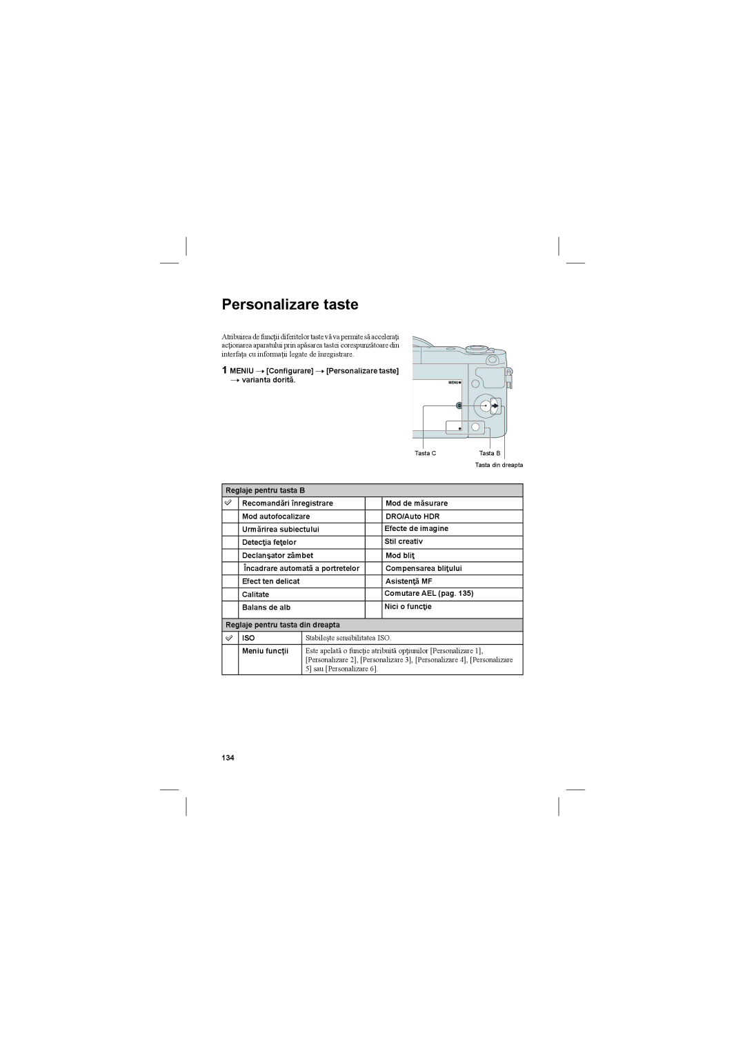 Sony NEX-3N manual Meniu T Conﬁgurare T Personalizare taste T varianta dorită, Iso, Meniu funcții, 134 