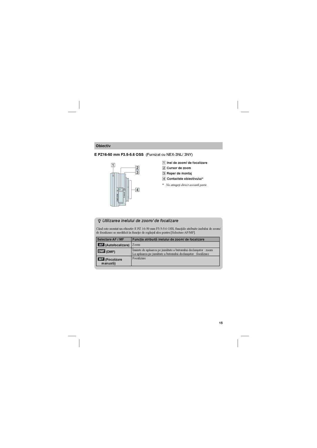 Sony Utilizarea inelului de zoom/ de focalizare, Obiectiv PZ16-50 mm F3.5-5.6 OSS Furnizat cu NEX-3NL/ 3NY, Focalizare 