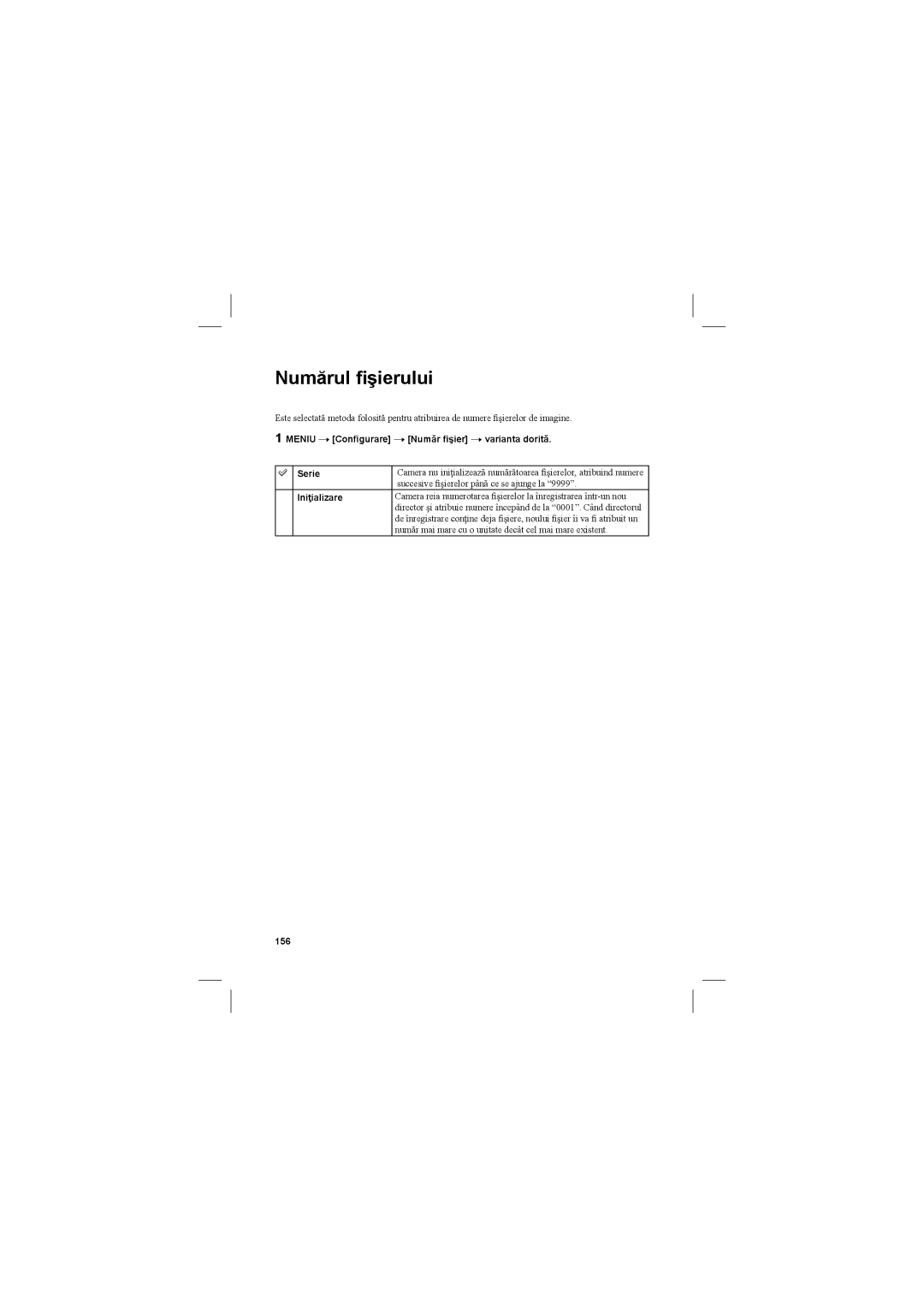 Sony NEX-3N manual Numărul ﬁşierului, Meniu T Conﬁgurare T Număr ﬁşier T varianta dorită Serie, Iniţializare, 156 