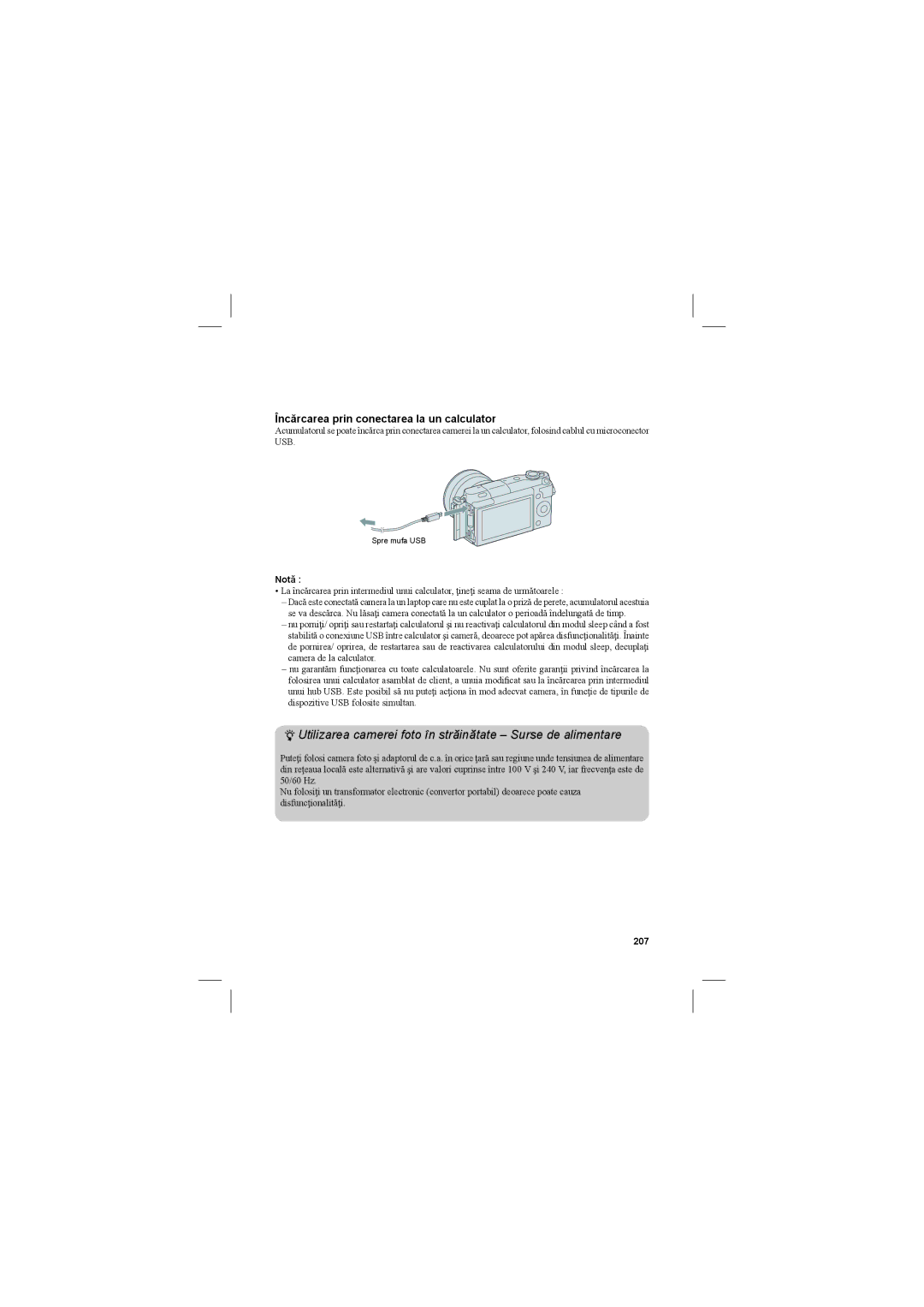 Sony NEX-3N Utilizarea camerei foto în străinătate Surse de alimentare, Încărcarea prin conectarea la un calculator, 207 