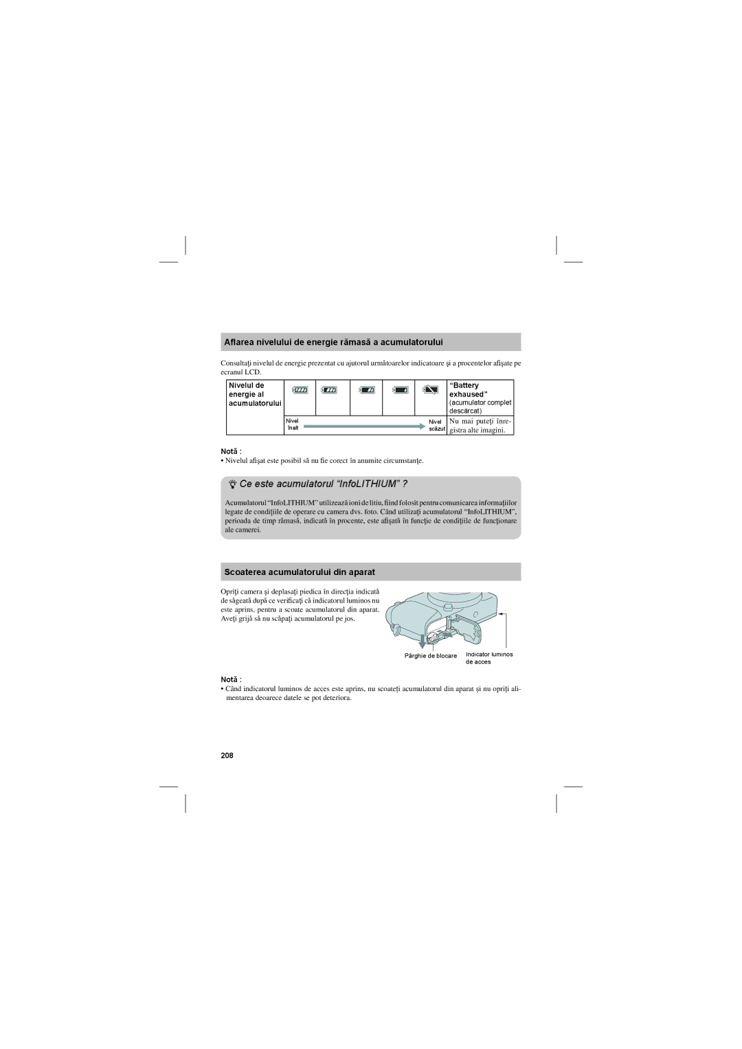 Sony NEX-3N manual Ce este acumulatorul InfoLITHIUM ?, Aﬂarea nivelului de energie rămasă a acumulatorului, 208 