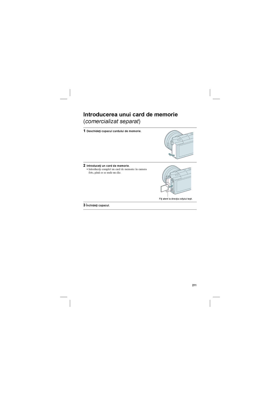 Sony NEX-3N manual Introducerea unui card de memorie, Închideţi capacul 211 