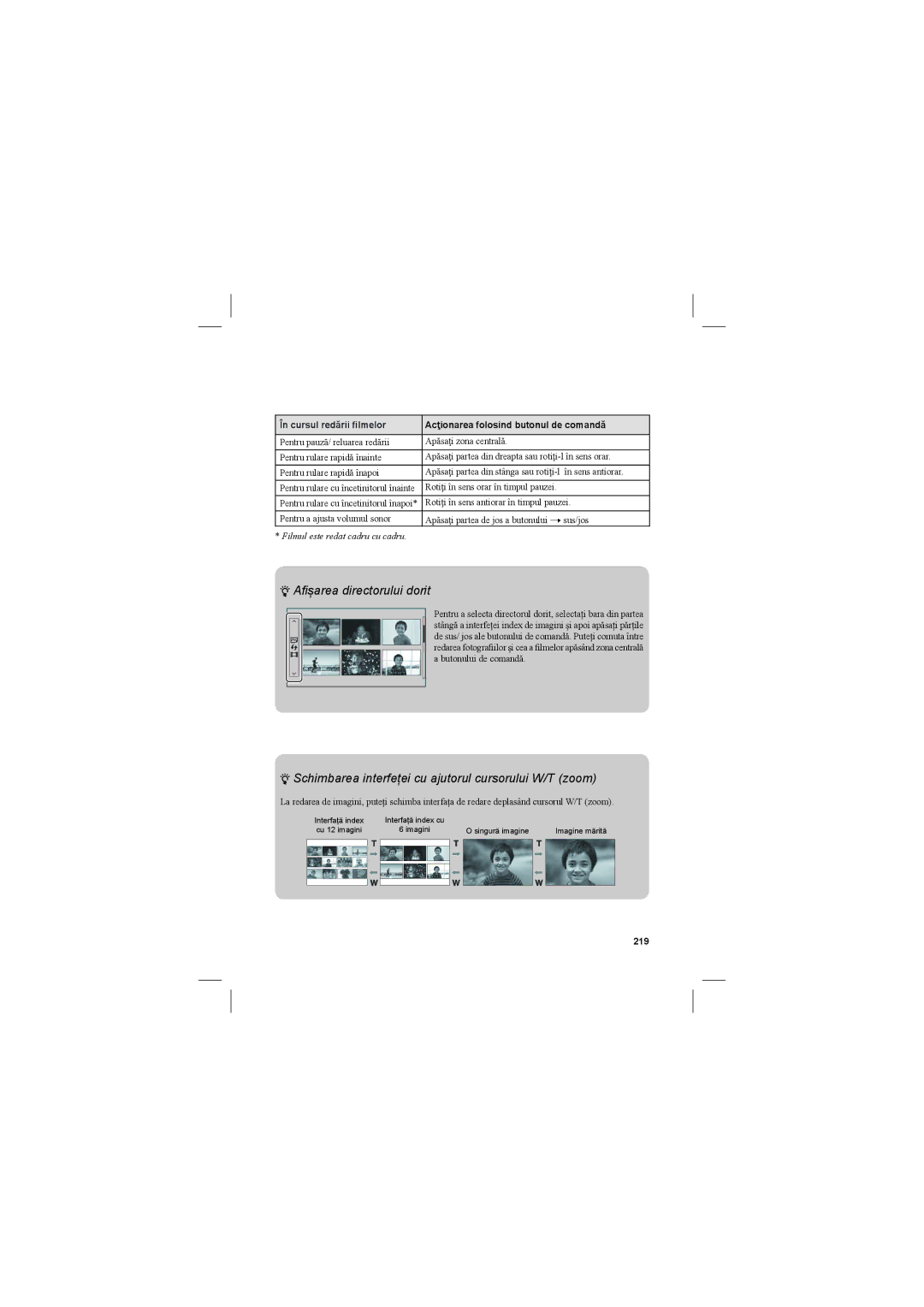 Sony NEX-3N manual Schimbarea interfeței cu ajutorul cursorului W/T zoom, 219 