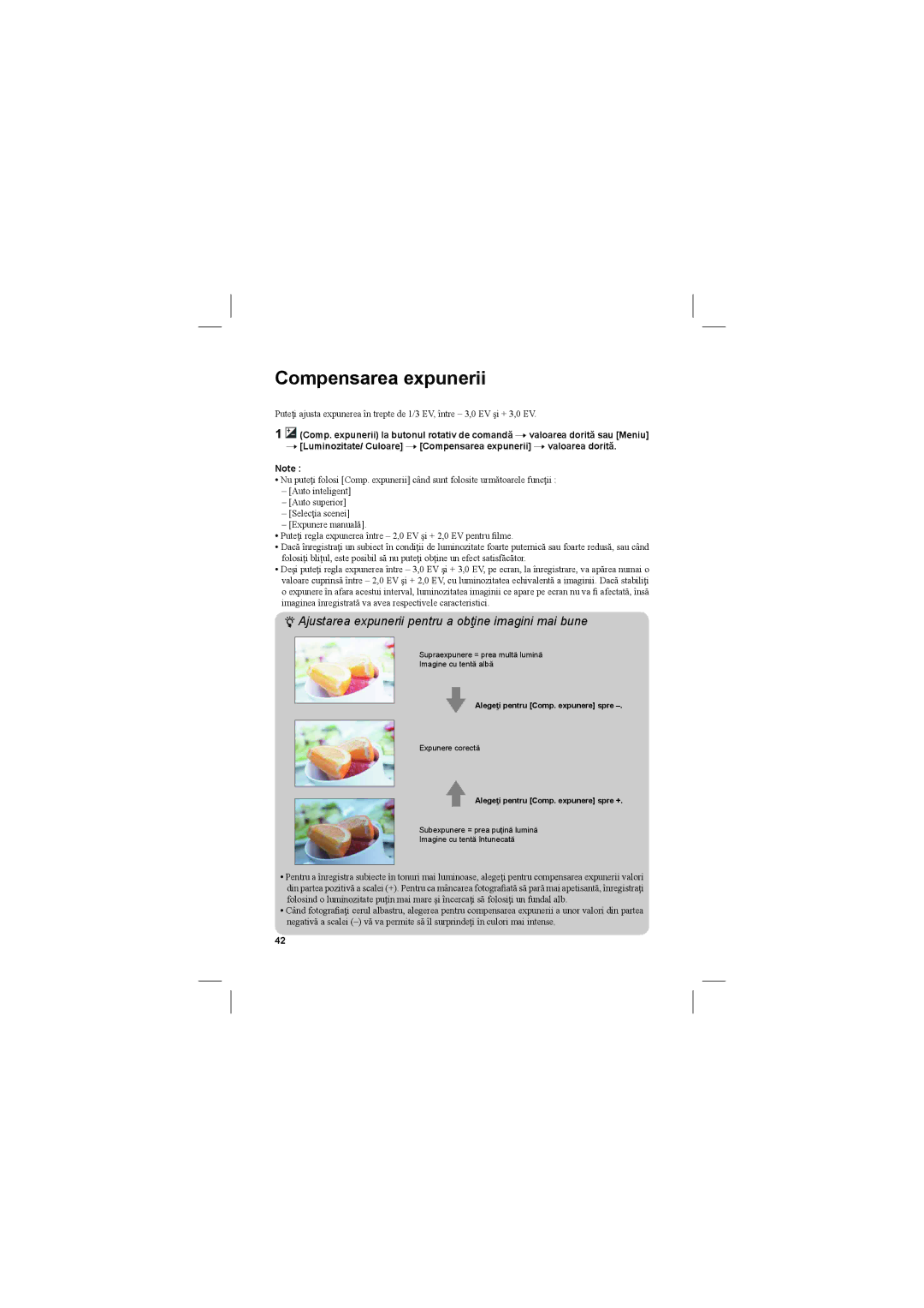 Sony NEX-3N manual Compensarea expunerii, Ajustarea expunerii pentru a obţine imagini mai bune 