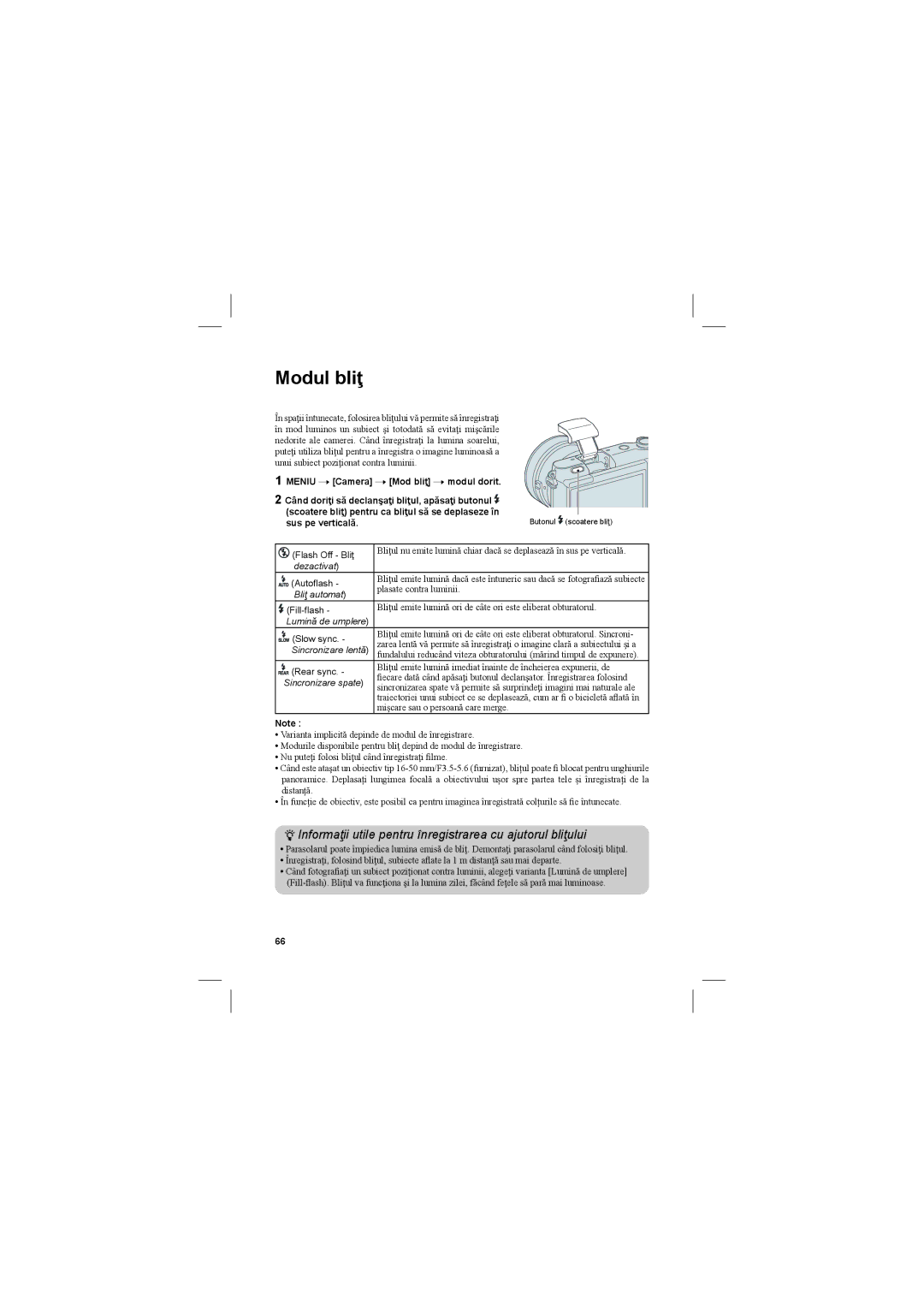 Sony NEX-3N manual Modul bliţ, Informaţii utile pentru înregistrarea cu ajutorul bliţului 