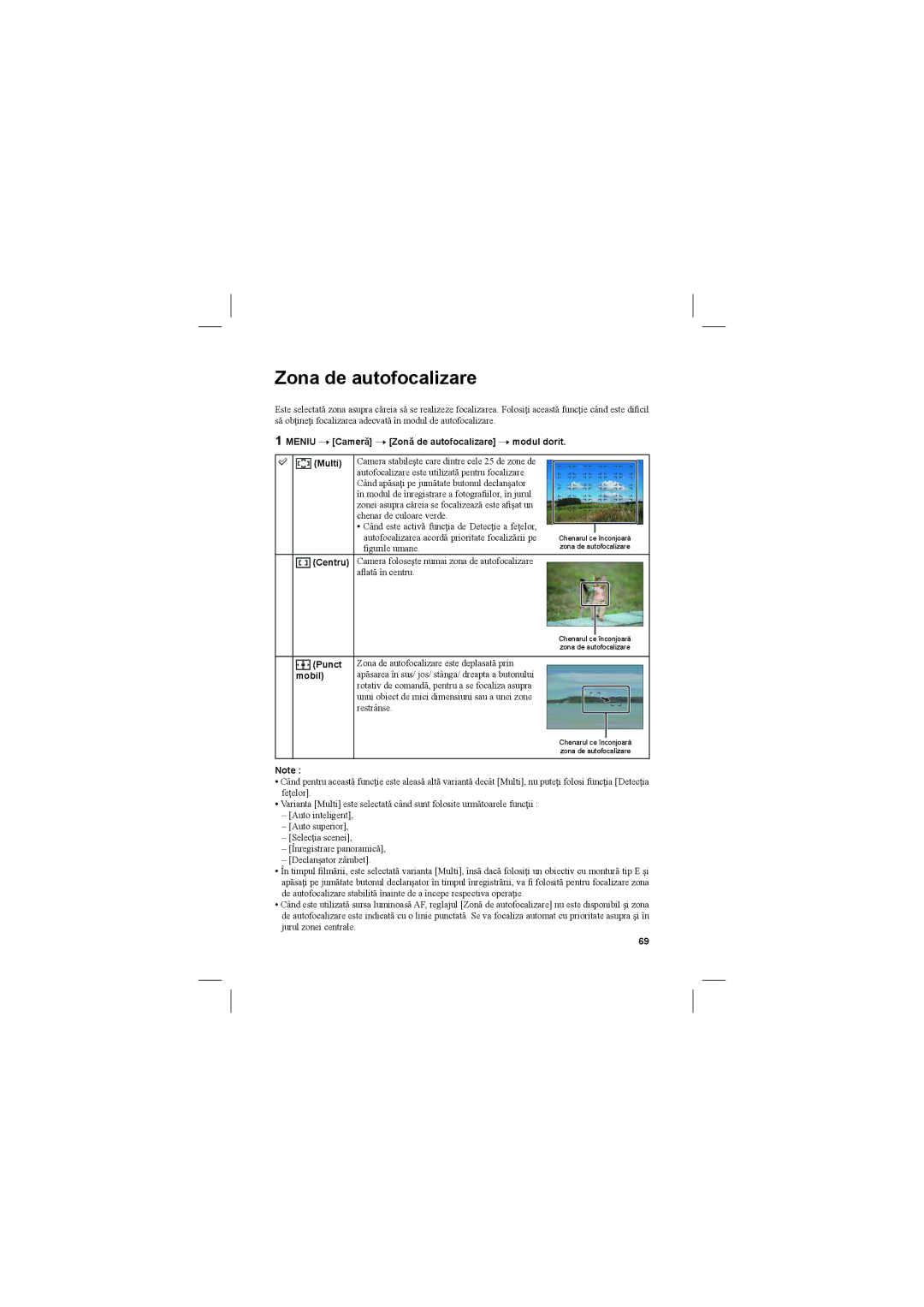 Sony NEX-3N Zona de autofocalizare, Meniu T Cameră T Zonă de autofocalizare T modul dorit Multi, Centru, Punct, Mobil 