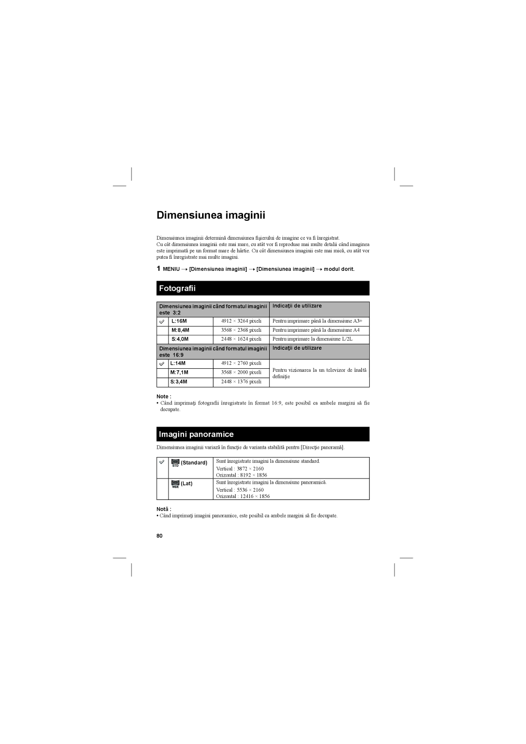 Sony NEX-3N manual Dimensiunea imaginii, Fotograﬁi, Imagini panoramice 