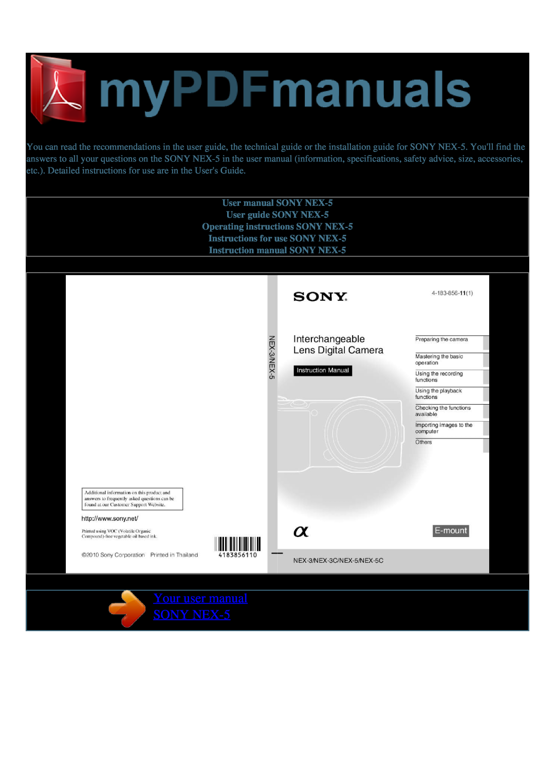 Sony NEX-3C, NEX-5C user manual Your user manual SONY NEX-5, User manual SONY NEX-5 User guide SONY NEX-5 
