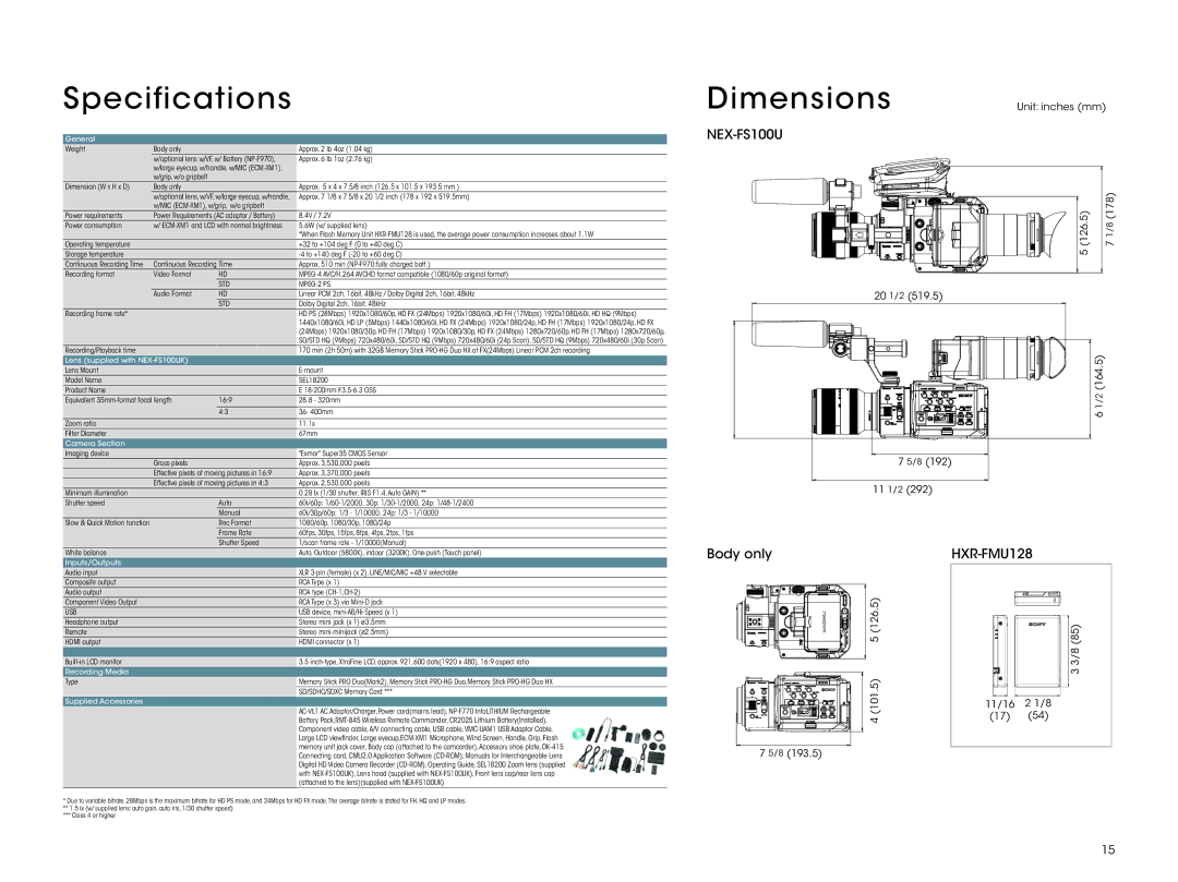 Sony NEX-FS100UK manual Specifications 