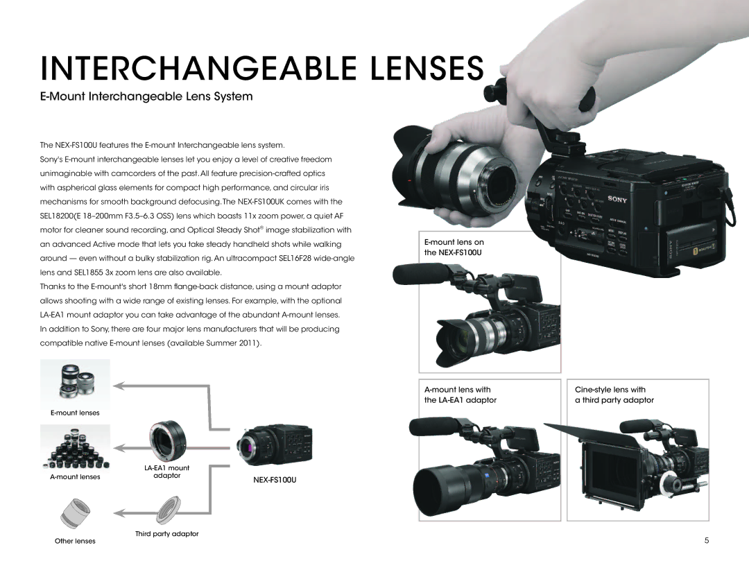 Sony NEX-FS100UK manual Interchangeable Lenses, Mount Interchangeable Lens System 