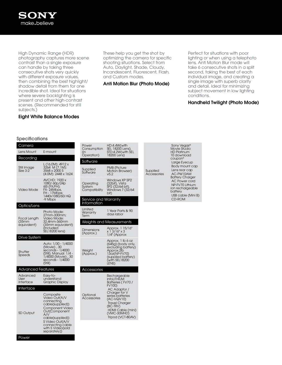 Sony NEX-VG20 manual AntiMotionBlurPhotoMode, HandheldTwilightPhotoMode EightWhiteBalanceModes, Specifications 