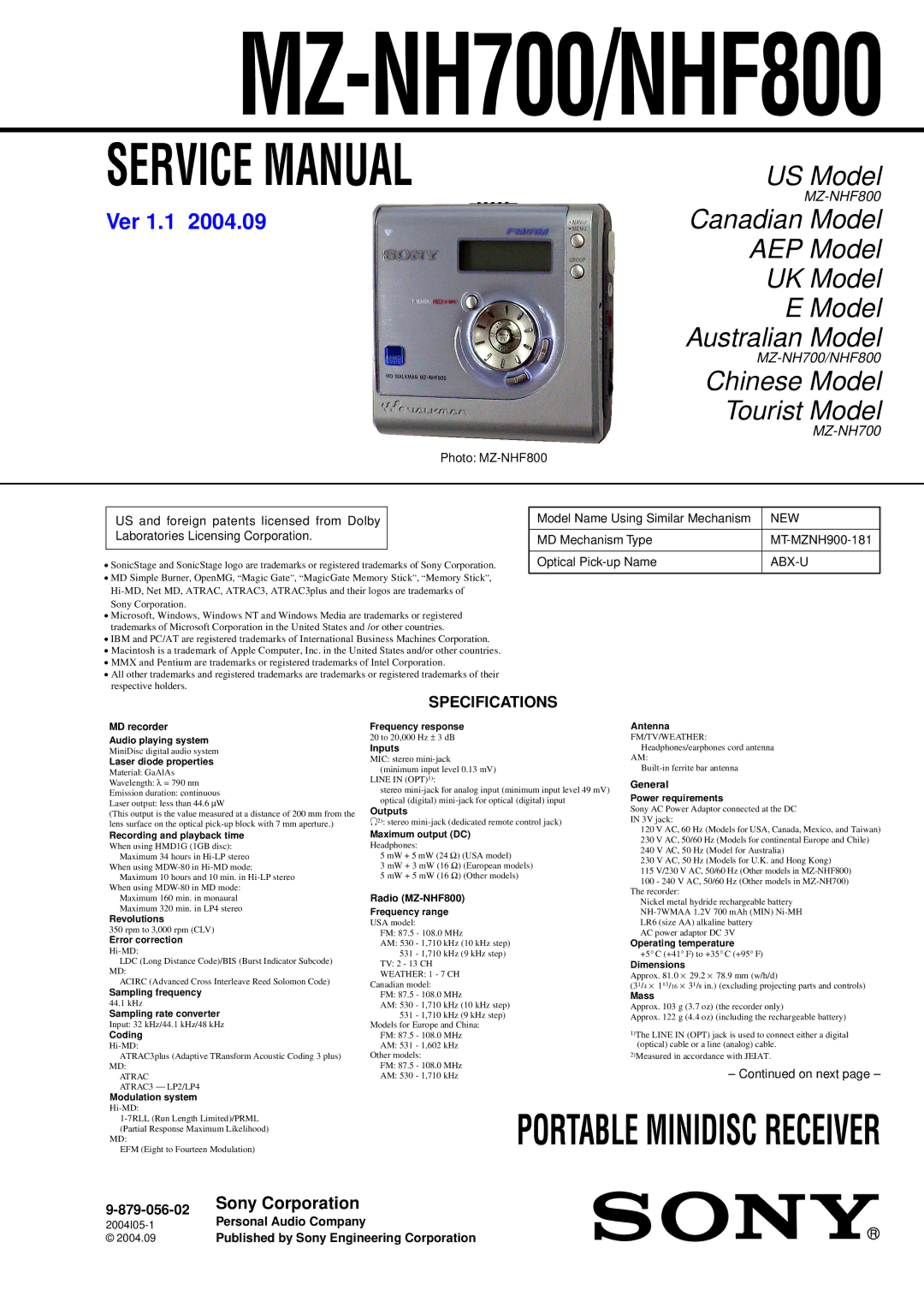 Sony NHF800 service manual Specifications, Model Name Using Similar Mechanism, On next 