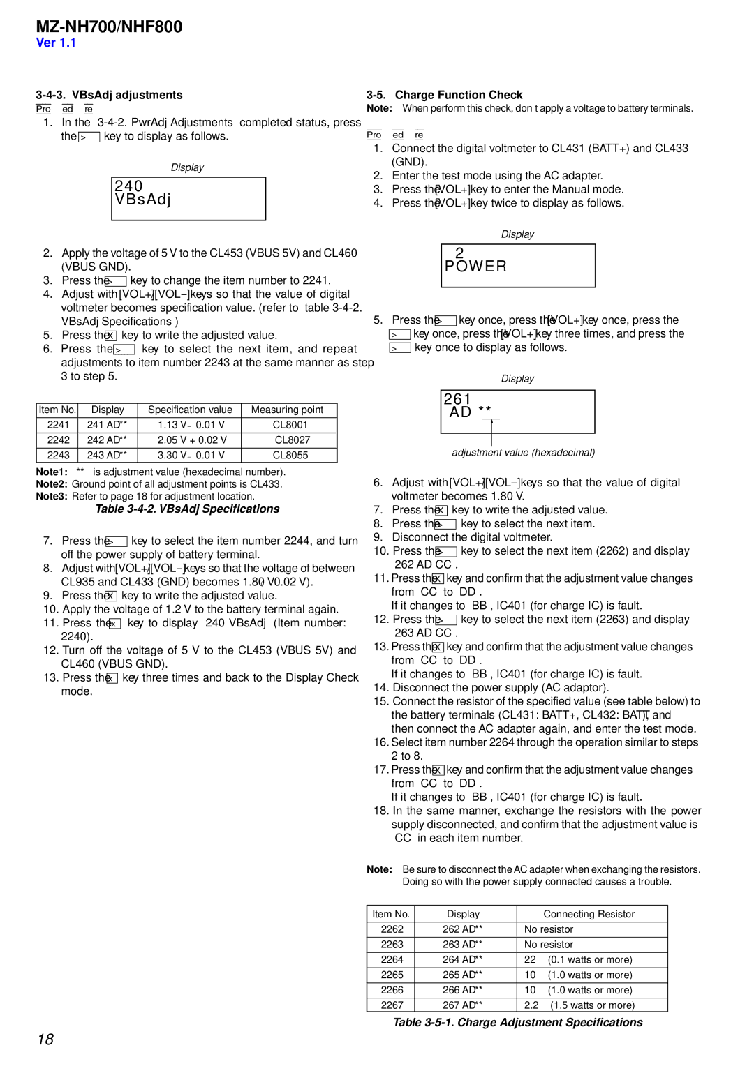 Sony NHF800 service manual 261 AD, VBsAdj adjustments, Charge Function Check 