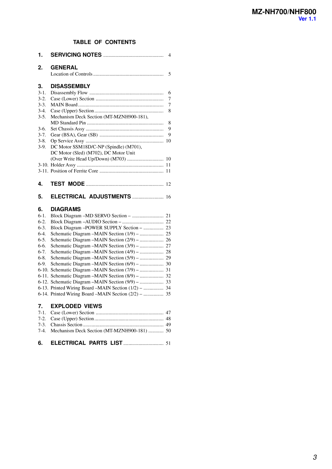 Sony NHF800 service manual Table of Contents, General, Disassembly, Diagrams, Exploded Views 