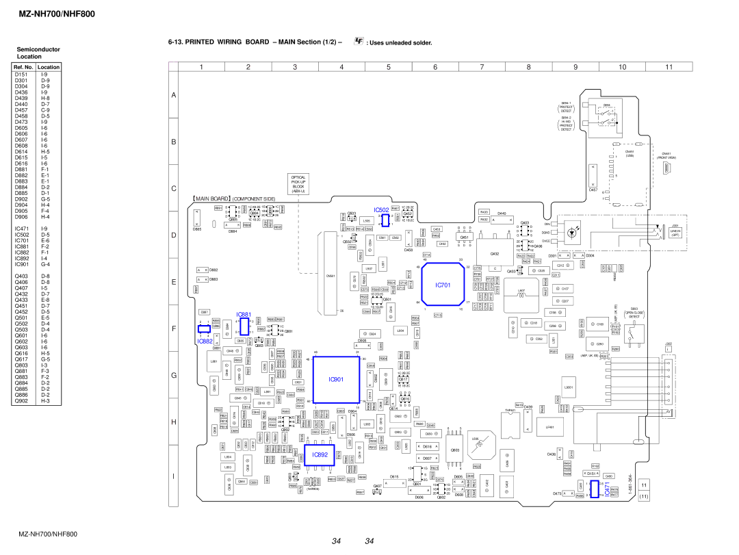 Sony NHF800 service manual Printed Wiring Board Main /2, Semiconductor Location, Uses unleaded solder 