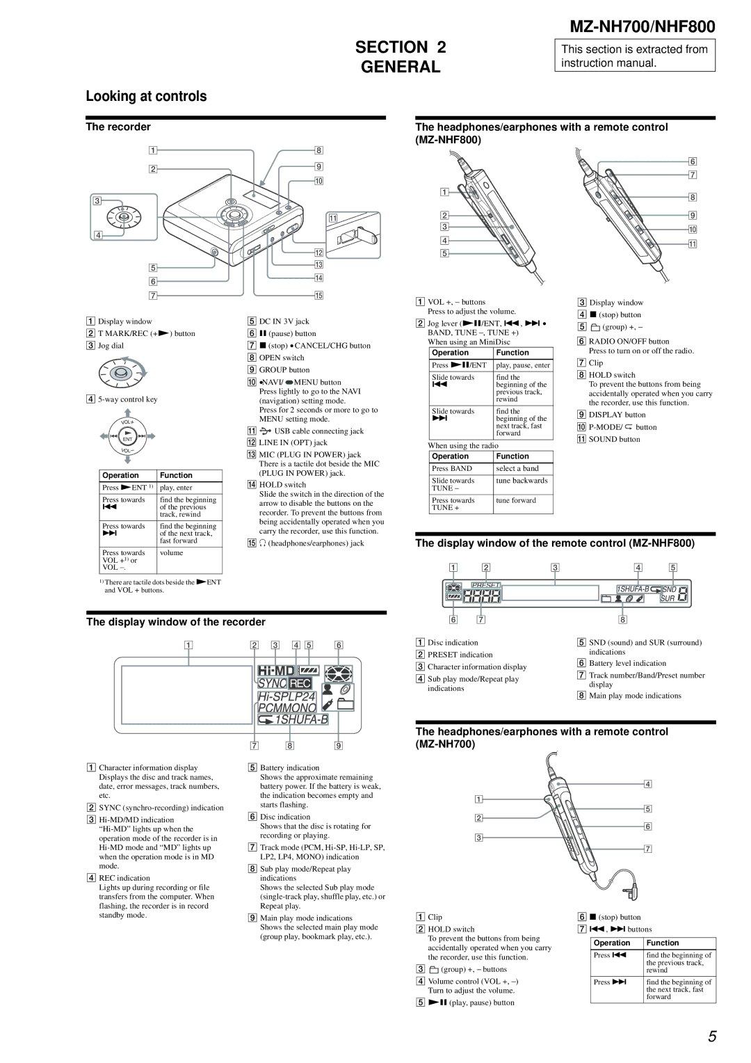 Sony NHF800 service manual Section General, Display window MARK/REC +N button Jog dial Way control key 