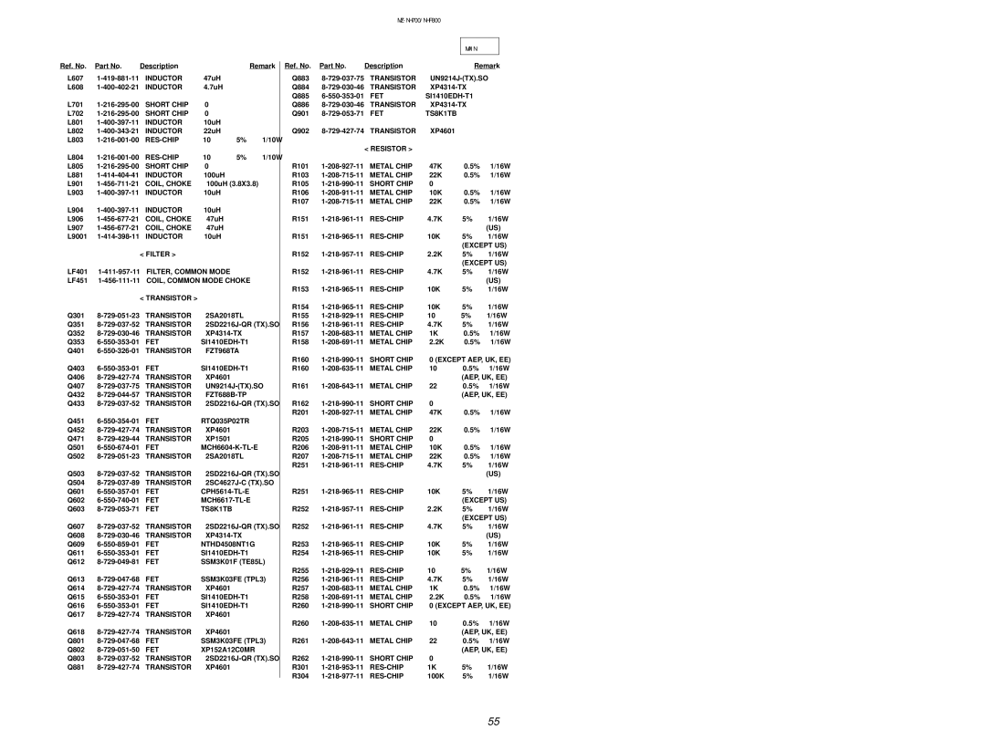 Sony NHF800 L607 419-881-11, 47uH L608 400-402-21, 7uH L701 216-295-00, L702 216-295-00, L801 400-397-11, 10W, LF451 