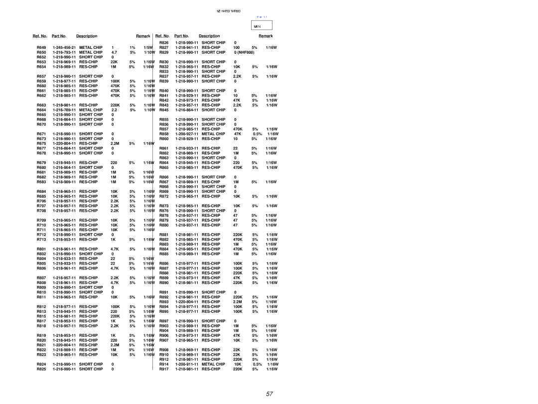 Sony NHF800 R649 245-456-21, R650 216-793-11, R652 218-990-11, R653 RES-CHIP 22K 16W R654 R657 218-990-11, R665 218-990-11 