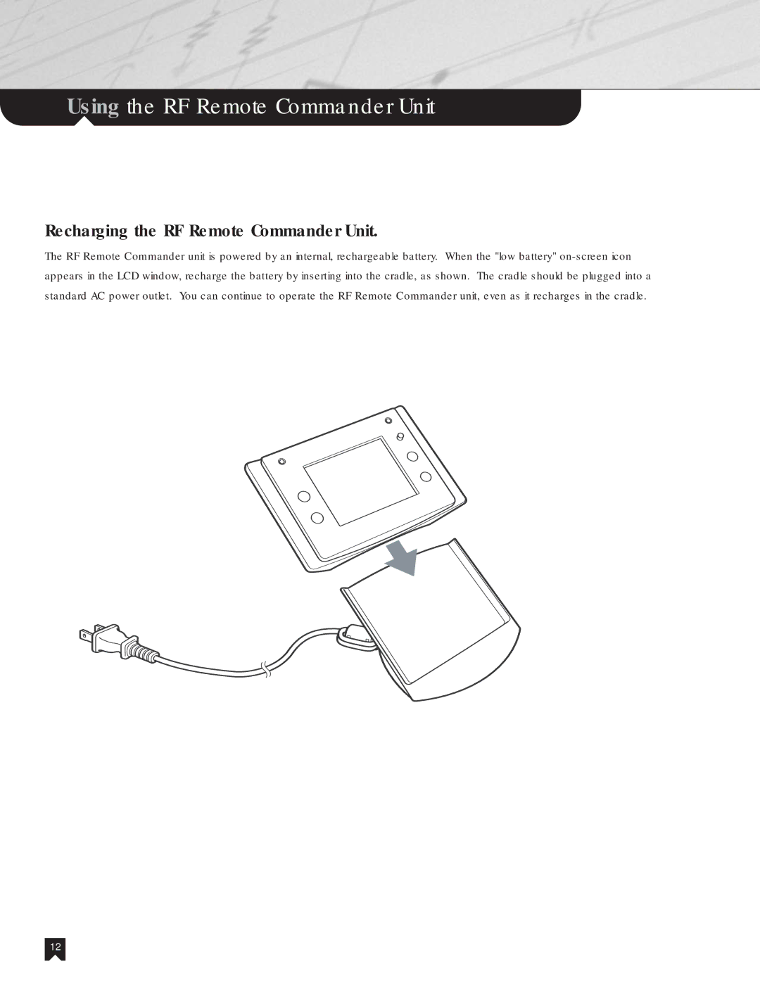 Sony NHS-1000 operating instructions Recharging the RF Remote Commander Unit 