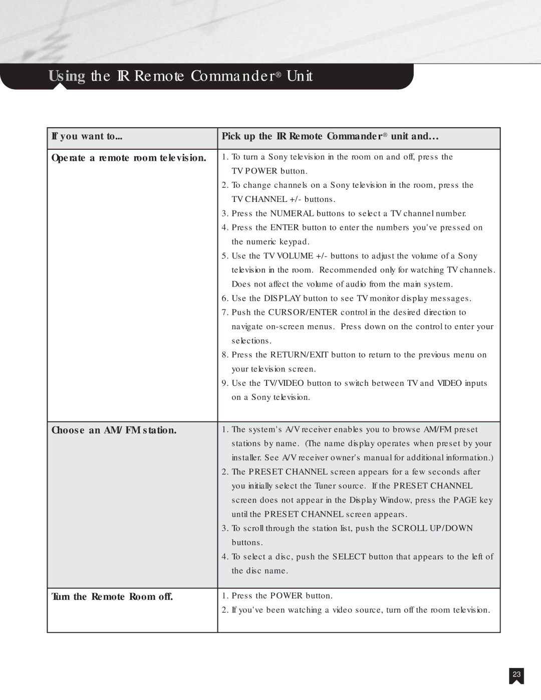 Sony NHS-1000 operating instructions To turn a Sony television in the room on and off, press 