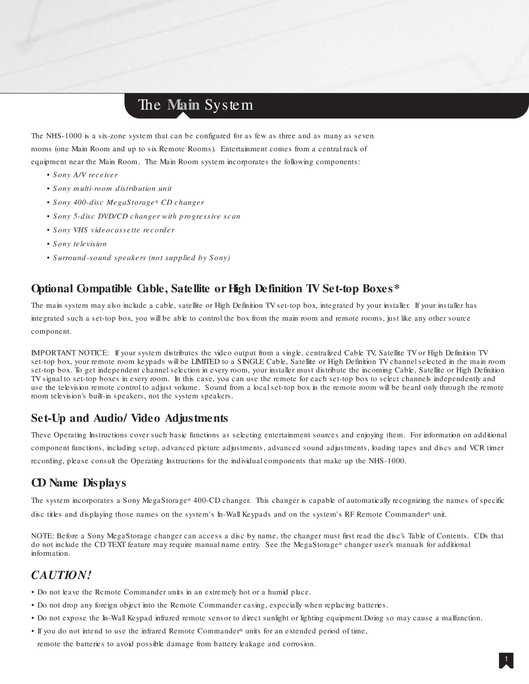 Sony NHS-1000 operating instructions Main System, Set-Up and Audio/Video Adjustments, CD Name Displays 