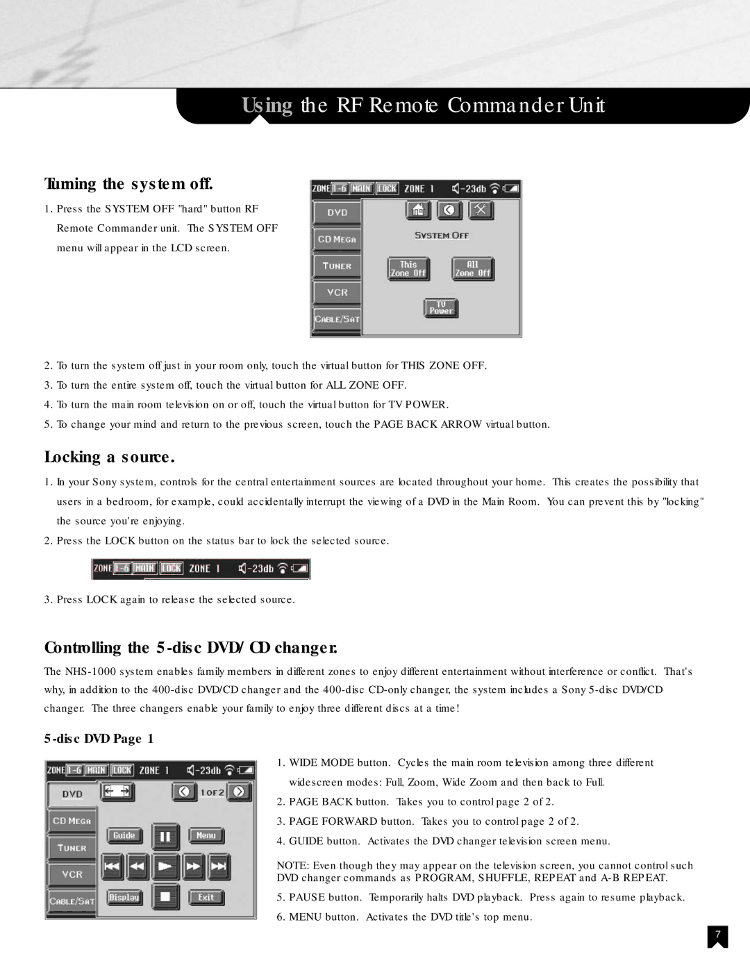 Sony NHS-1000 operating instructions Turning the system off, Locking a source, Controlling the 5-disc DVD/CD changer 