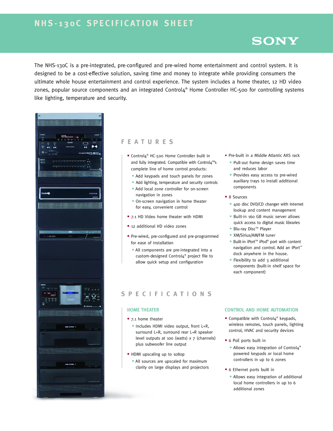 Sony NHS-130C specifications S 1 3 0 C S P E C I F I C AT I O N S H E E T, A T U R E S, Specification S, Home Theater 