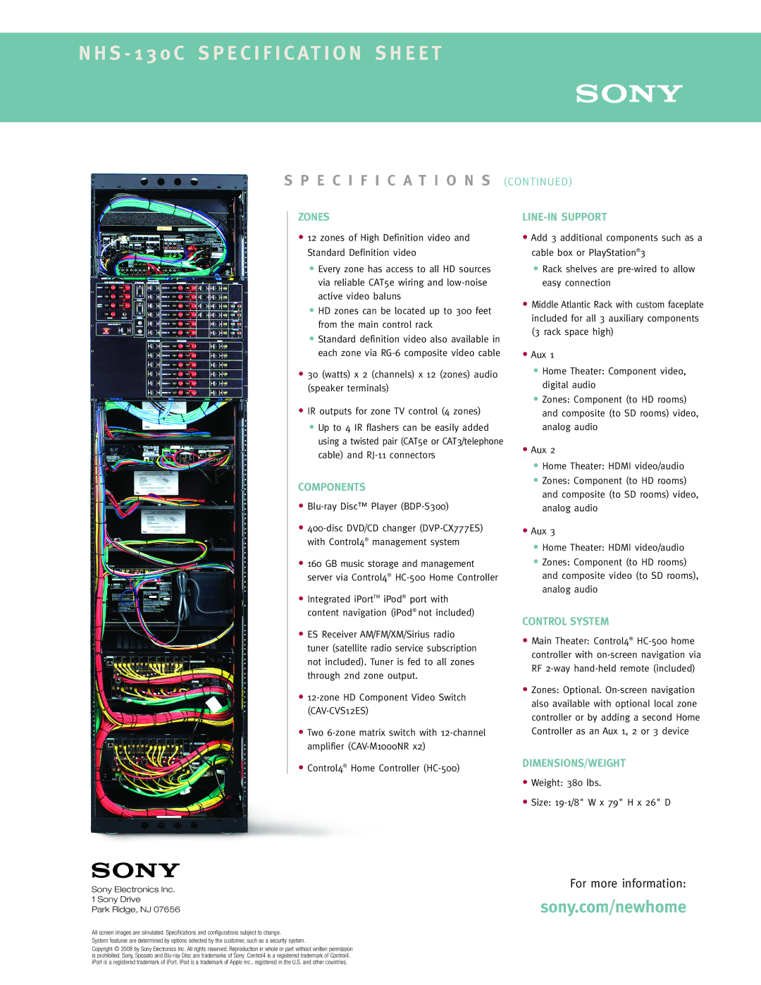 Sony NHS-130C specifications Zones, Components, Control System, Dimensions/Weight 