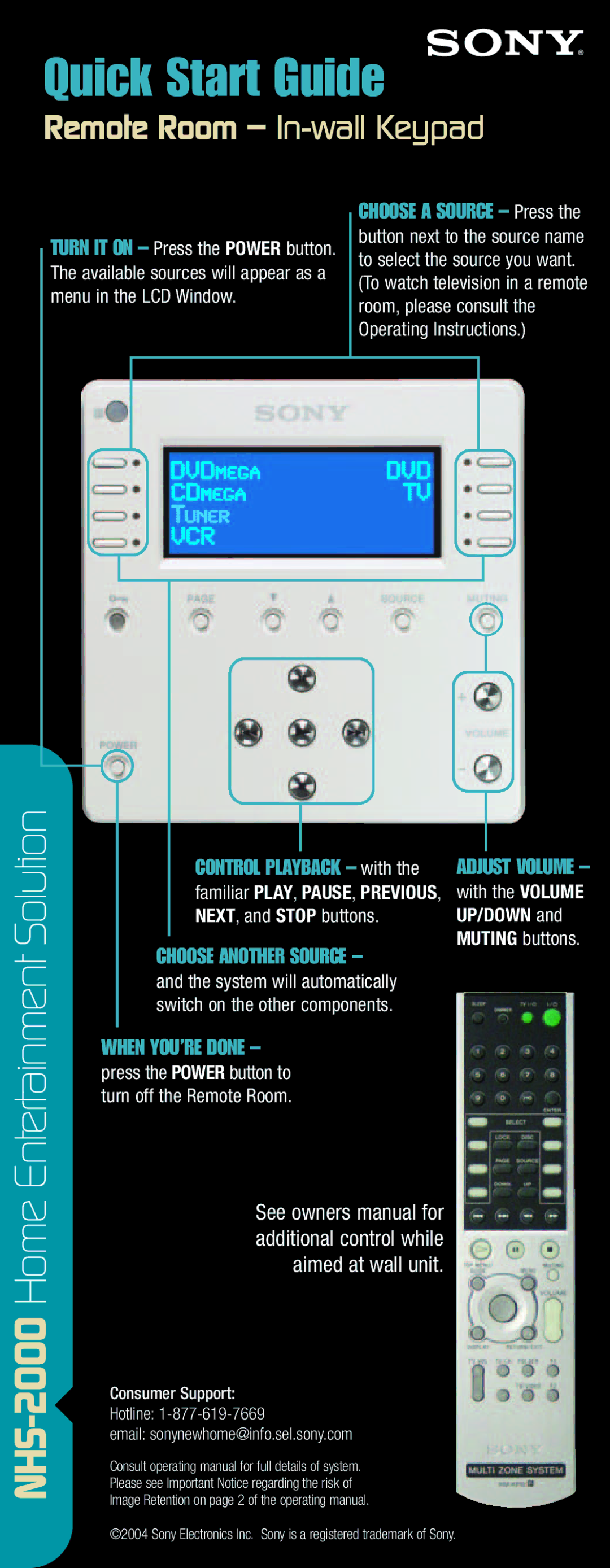 Sony NHS-2000 quick start Remote Room In-wall Keypad, Control Playback with 