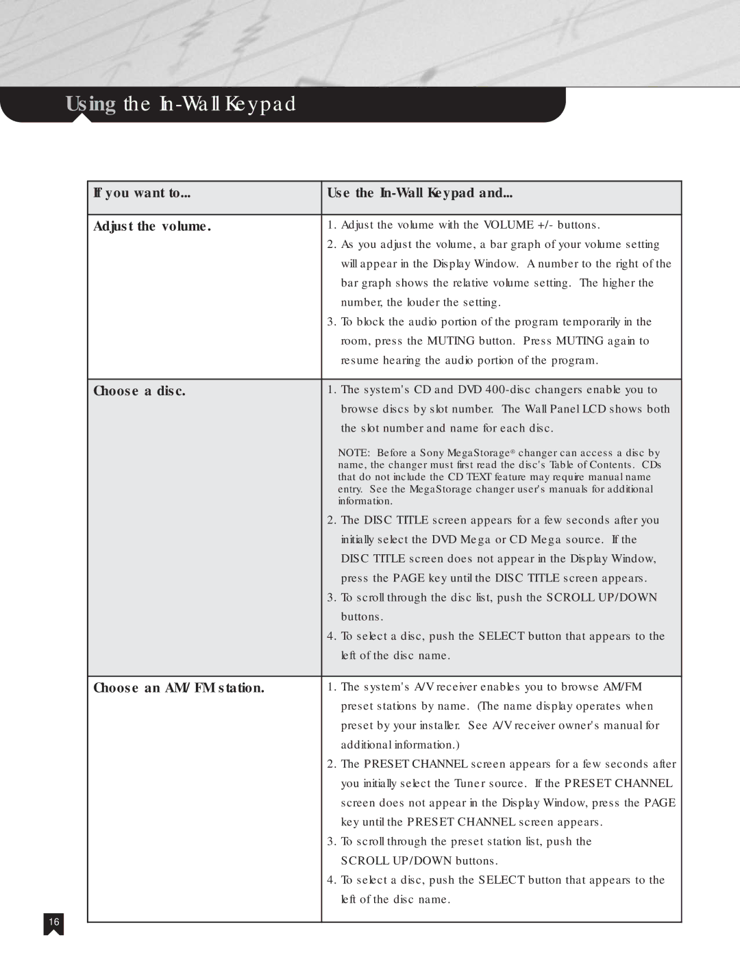 Sony NHS-2000 manual If you want to Use the In-Wall Keypad Adjust the volume, Choose a disc, Choose an AM/FM station 