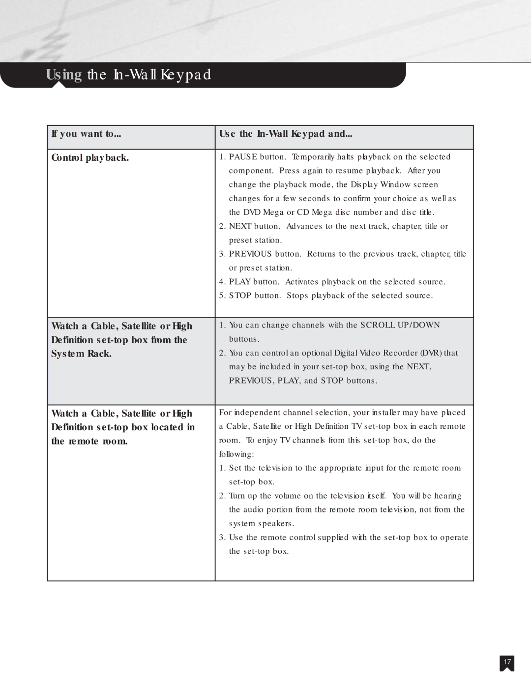 Sony NHS-2000 manual If you want to Use the In-Wall Keypad Control playback, Watch a Cable, Satellite or High, System Rack 