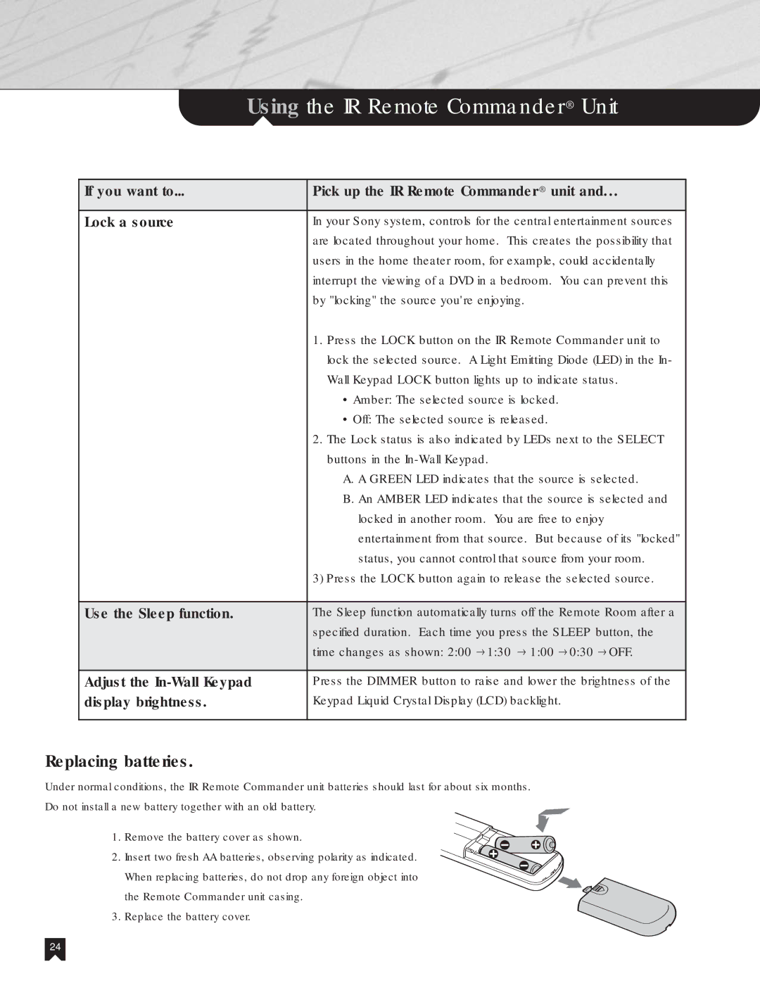 Sony NHS-2000 manual Replacing batteries, Use the Sleep function, Adjust the In-Wall Keypad, Display brightness 