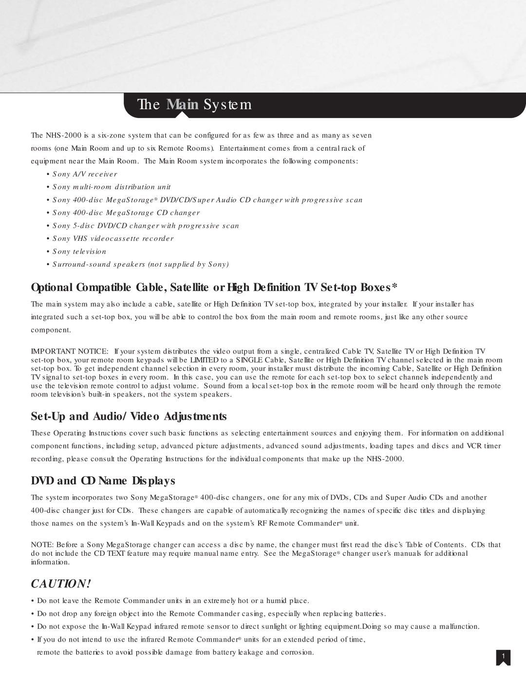 Sony NHS-2000 manual Main System, Set-Up and Audio/Video Adjustments, DVD and CD Name Displays 