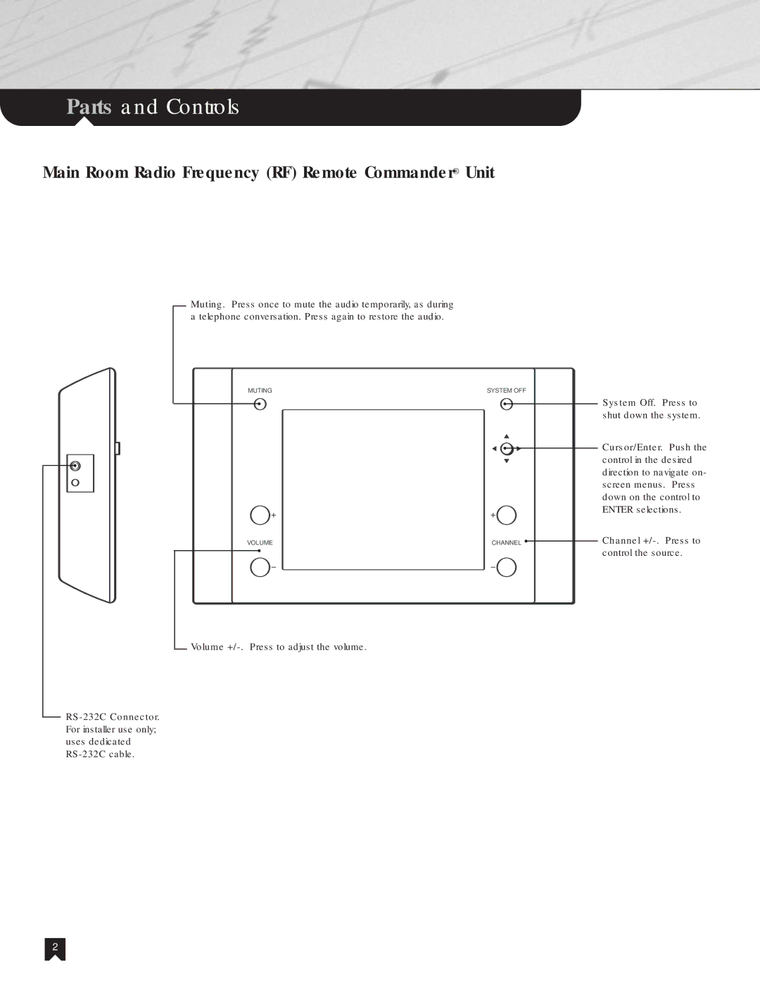 Sony NHS-2000 manual Parts and Controls, Main Room Radio Frequency RF Remote Commander Unit 