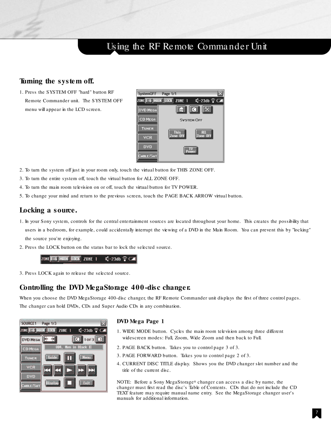 Sony NHS-2000 manual Turning the system off, Locking a source, Controlling the DVD MegaStorage 400-disc changer 