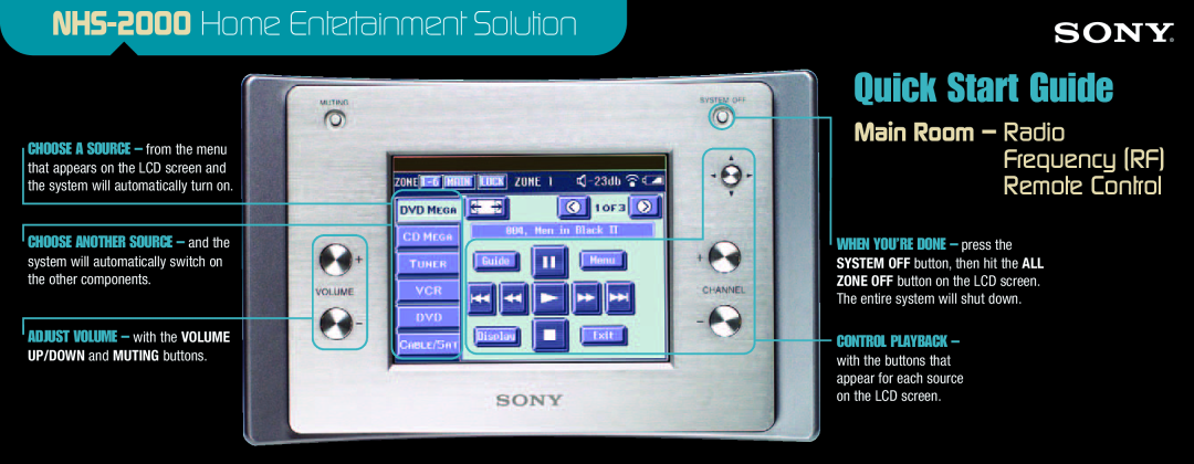Sony quick start Quick Start Guide, NHS-2000 Home Entertainment Solution, Main Room - Radio, Control Playback 