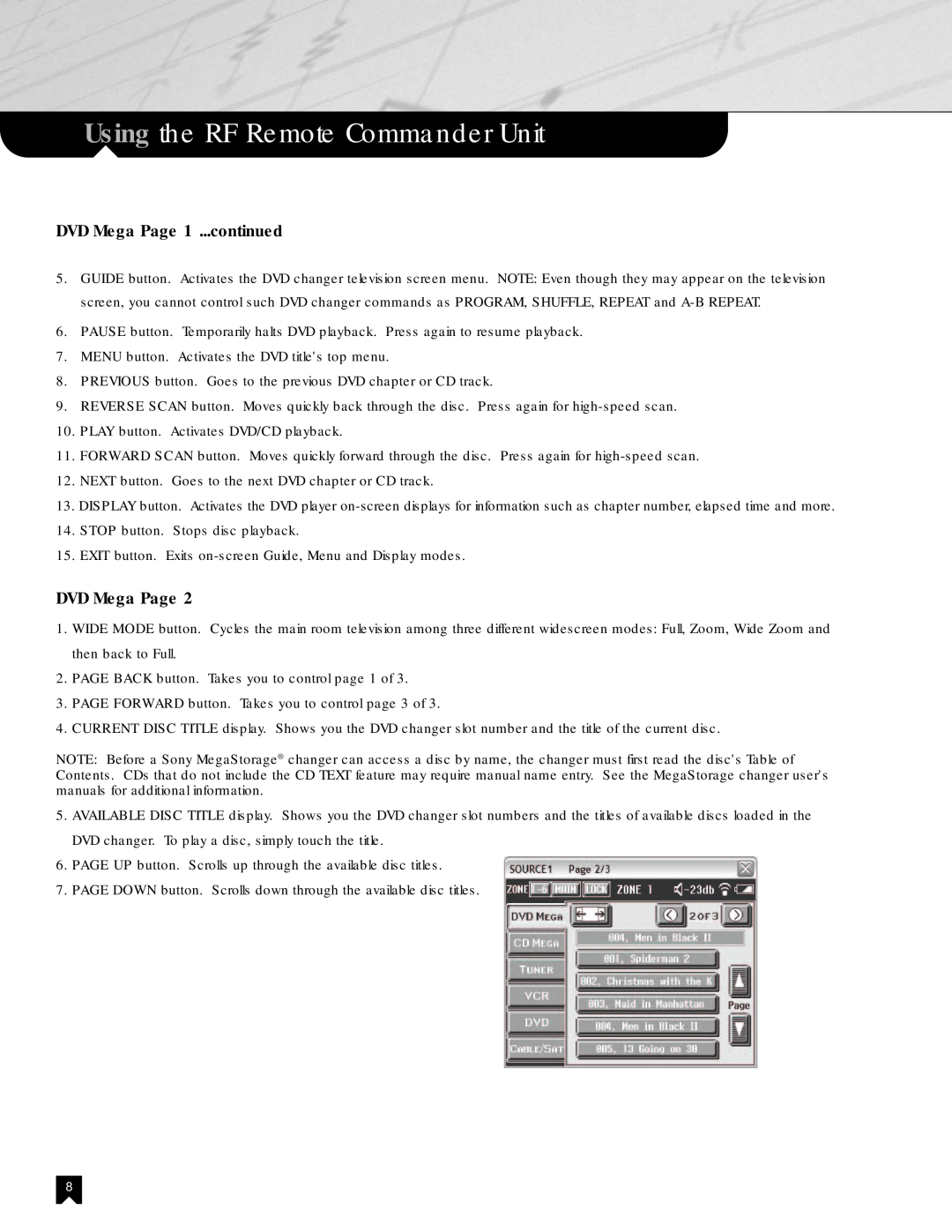 Sony NHS-2000 manual DVD Mega Page 1 ...continued, Using the RF Remote Commander Unit 
