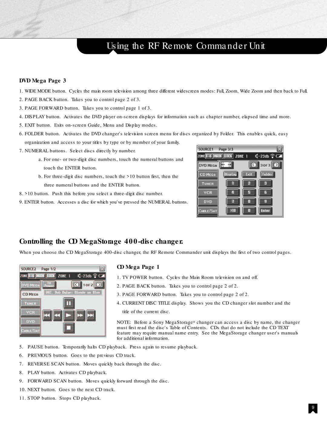 Sony NHS-2000 manual Controlling the CD MegaStorage 400-discchanger, CD Mega Page, Using the RF Remote Commander Unit 
