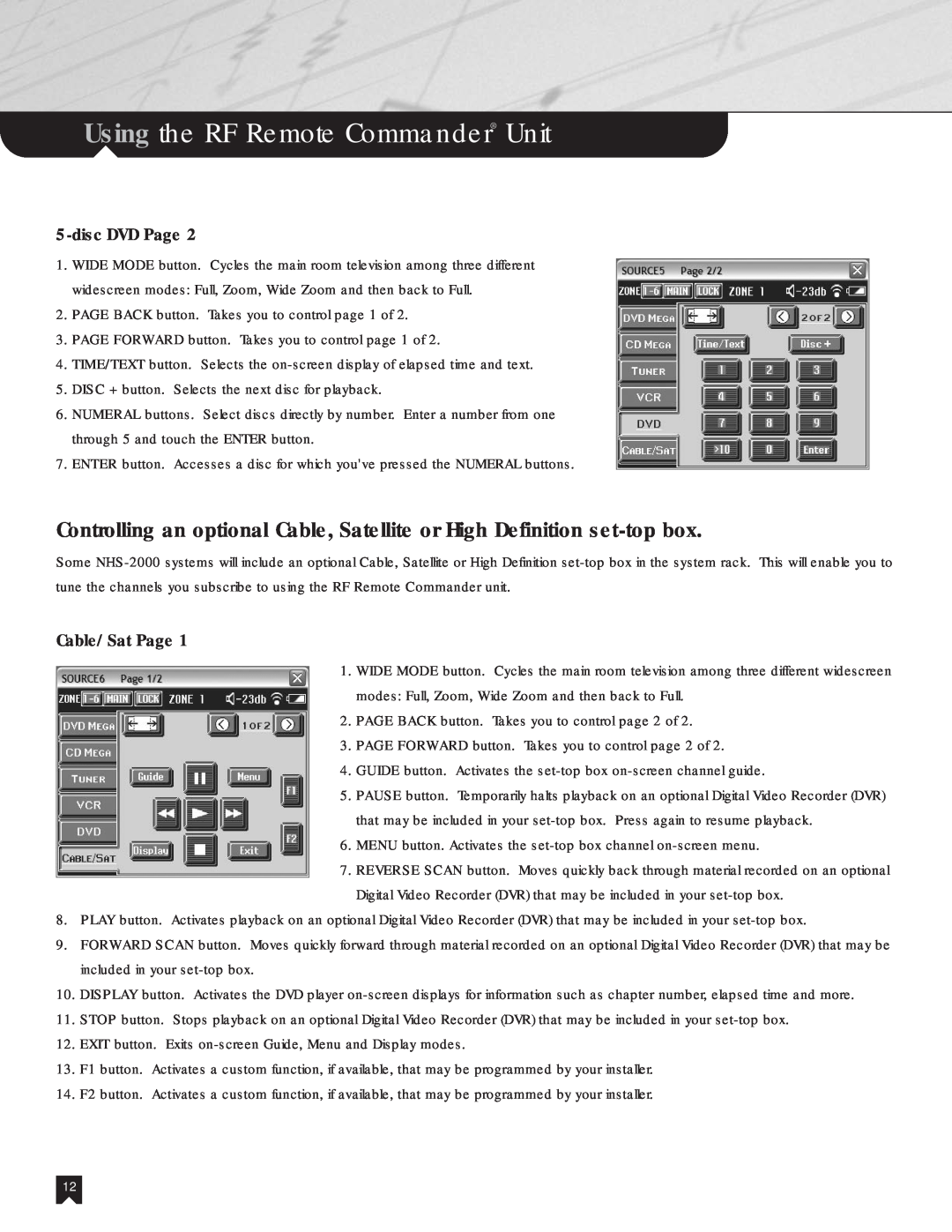 Sony NHS-2000 manual Cable/Sat Page, Using the RF Remote Commander Unit, discDVD Page 