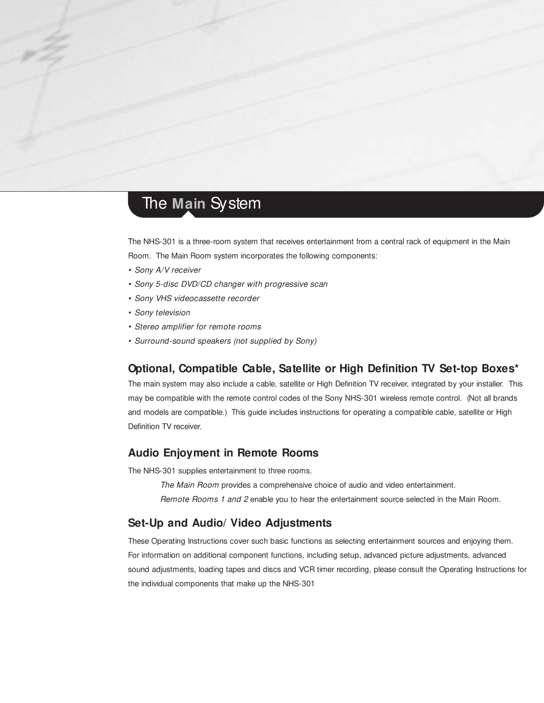 Sony NHS-301 manual Main System, Audio Enjoyment in Remote Rooms, Set-Up and Audio/Video Adjustments 