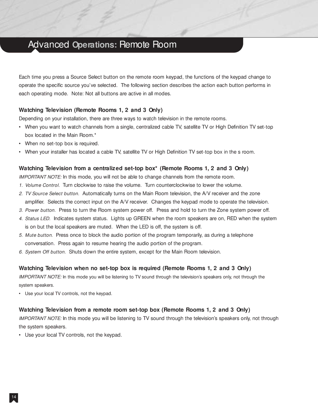 Sony NHS-502 manual Advanced Operations Remote Room, Watching Television Remote Rooms 1, 2 and 3 Only 