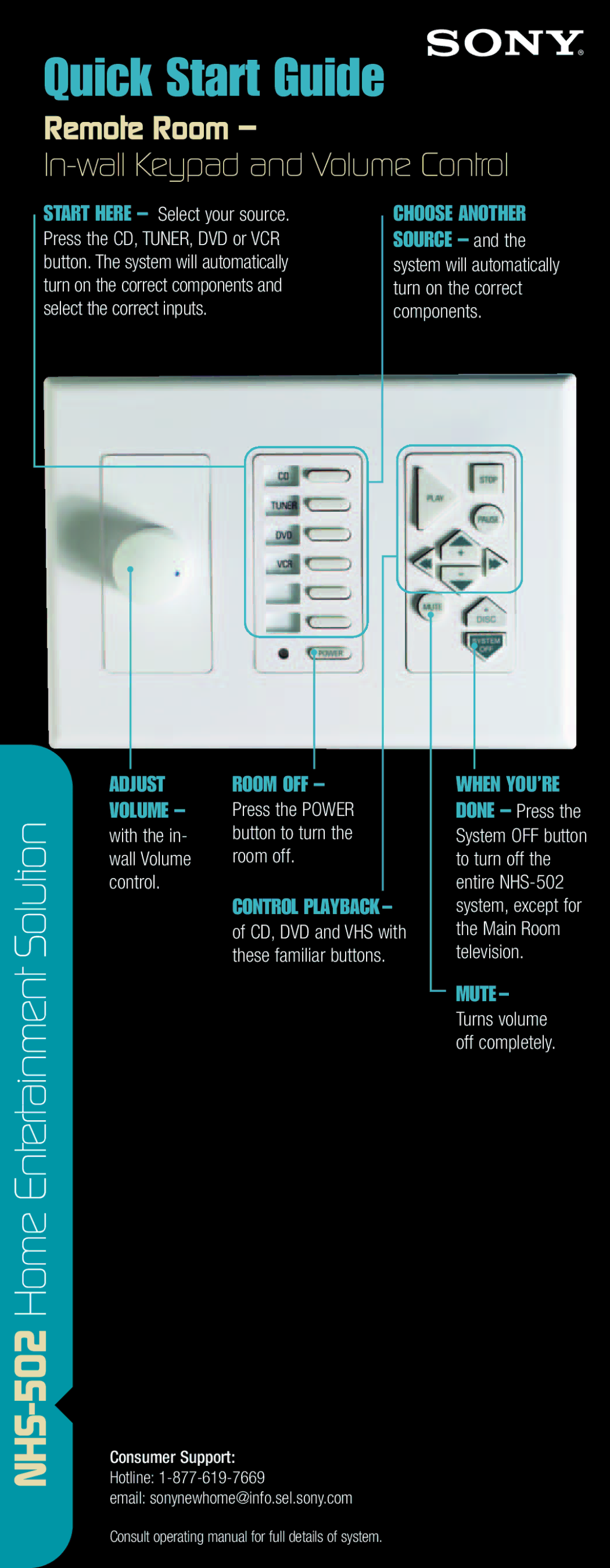 Sony NHS-502 quick start Remote Room, In-wall Keypad and Volume Control, Room OFF, Mute 