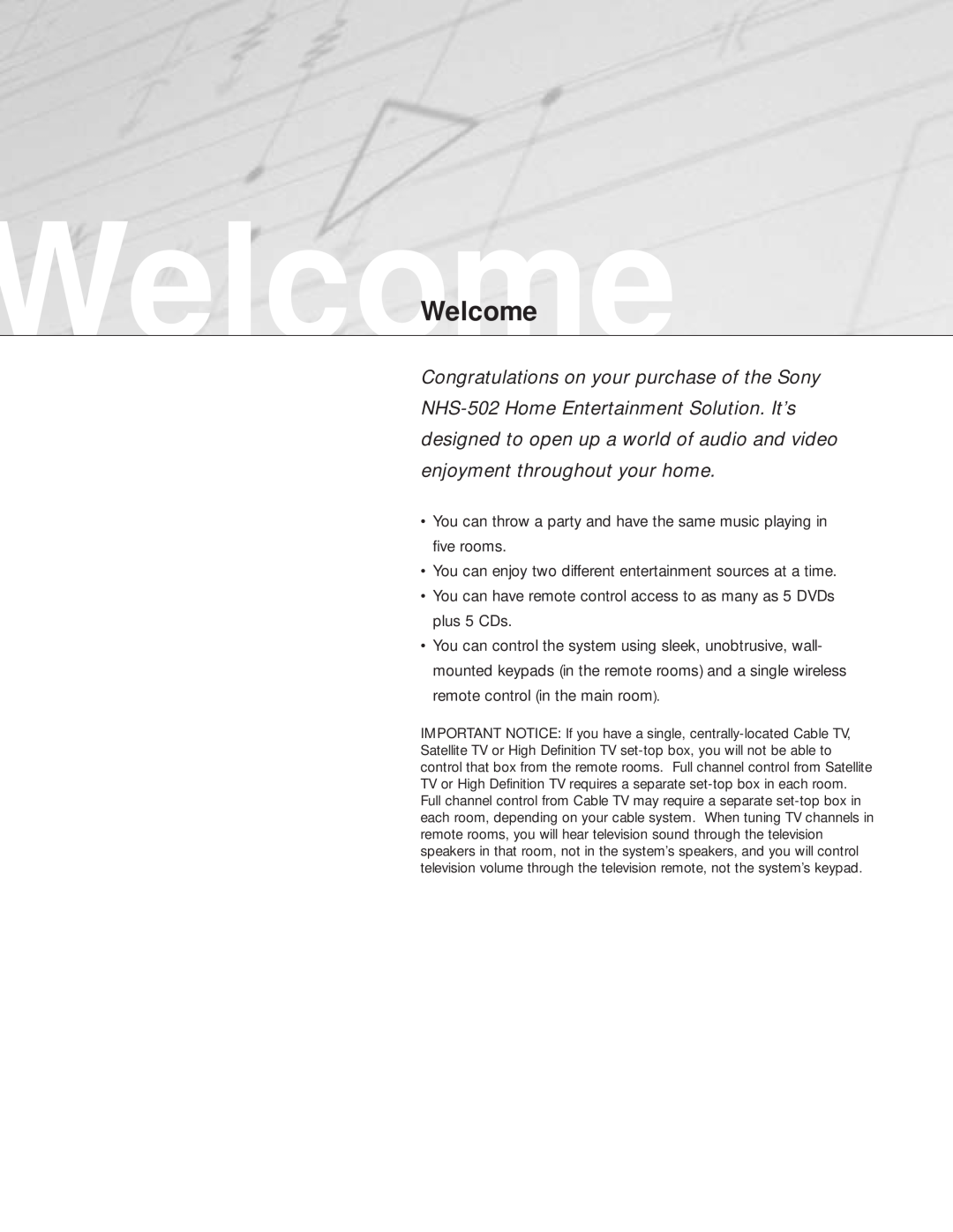Sony NHS-502 manual WelcomeWelcome 