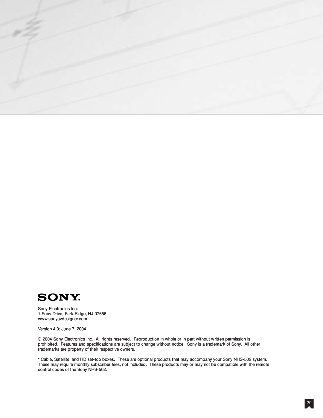 Sony NHS-502 manual Sony Electronics Inc 