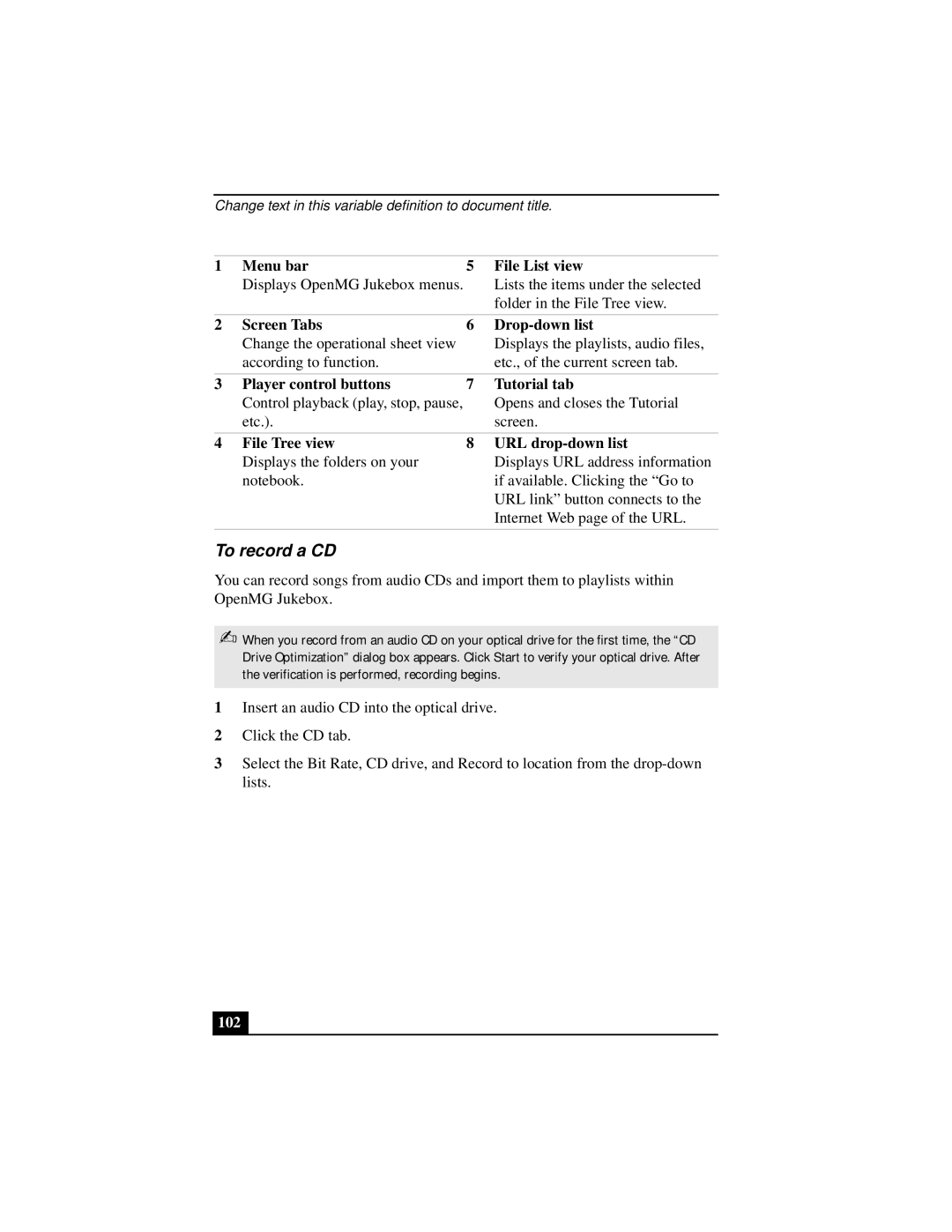 Sony Notebook Computer manual To record a CD, Player control buttons Tutorial tab, File Tree view URL drop-down list, 102 