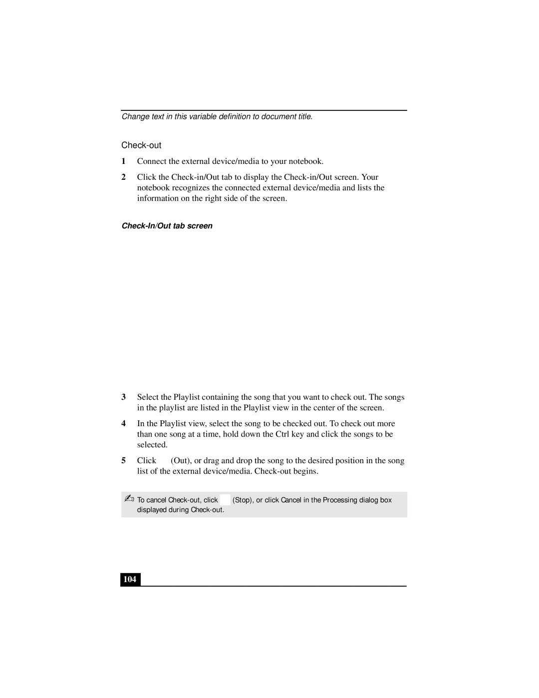 Sony Notebook Computer manual Check-out, 104, Check-In/Out tab screen 